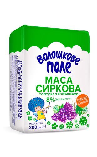 Маса сиркова солодка з родзинками 8% жирності Волошкове поле